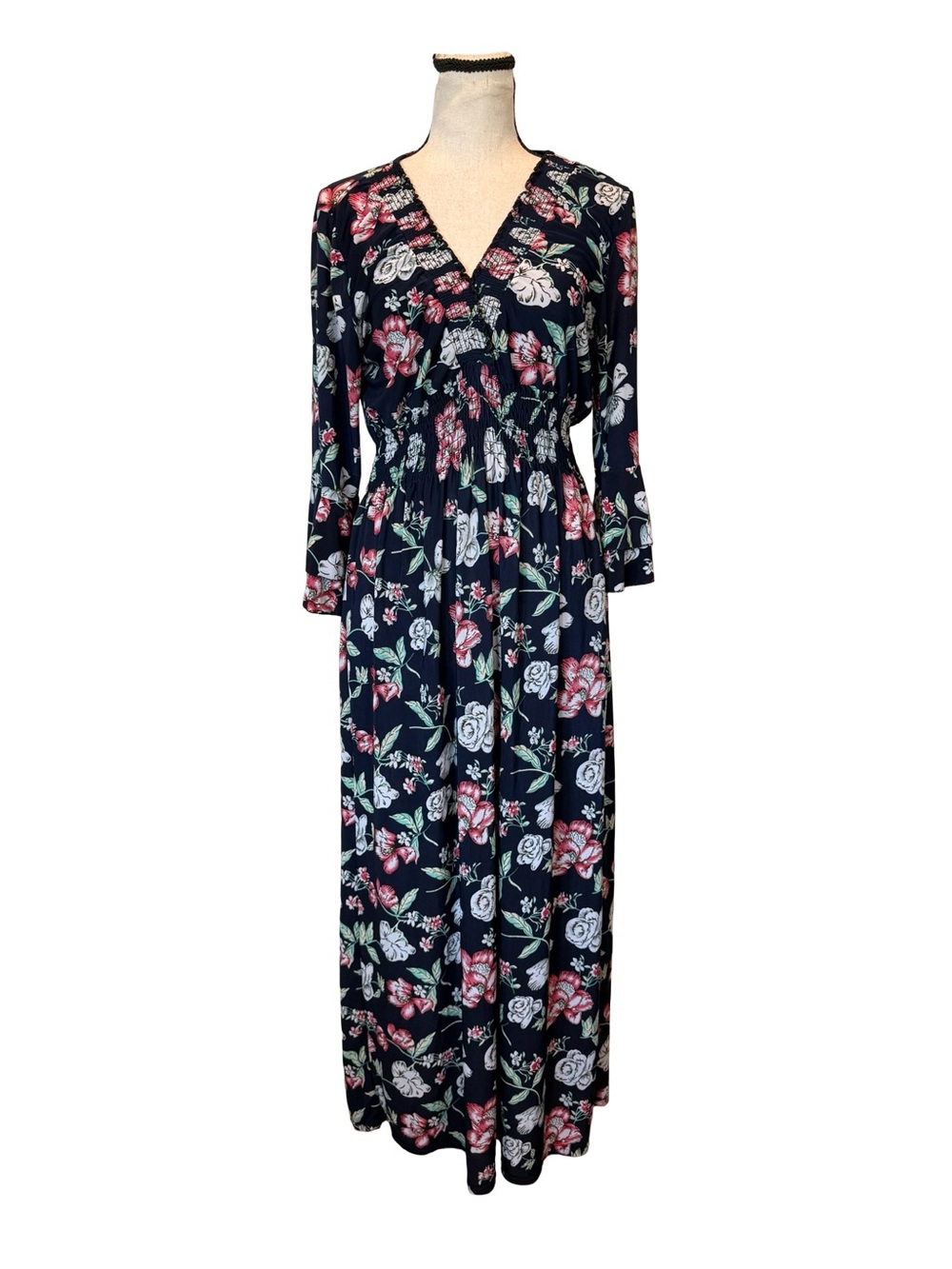 ACE Fashion Floral Maxi Dress Small Navy Boho Smocked Waist Long Sleeve